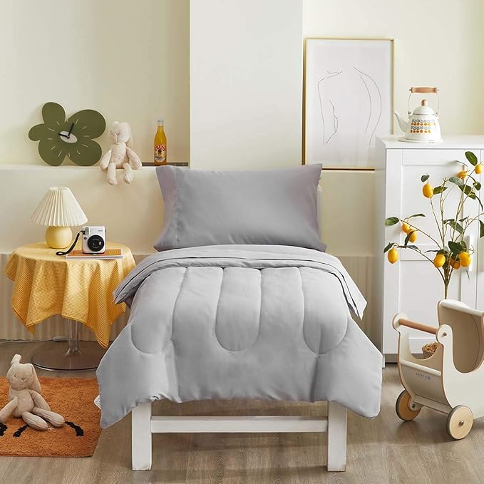 UOZZI BEDDING 4 Pieces Toddler Bedding Set Ultra Soft and Breathable Toddler Sheet Set - Includes Comforter, Flat Sheet, Fitted Sheet and Pillowcase - Gray