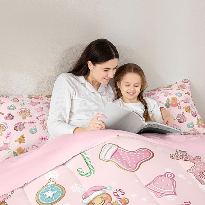 Merry Christmas Kids Bedding Set Queen Size,Gingerbread Man Elk Deer Bowknot Comforter Set,Cute Girly Bow Tie Xmas Tree Quilt Comforter,Pink Colorful Bedroom Duvet Insert,2 Pillowcases