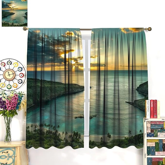 Ocean Beach Curtains,OceanMorning Sunrise Hawaiian Seaside Scene Pattern Blackout Print Home Bedroom Living Room Window Treatments 2 Panel Set 72x63 Inch