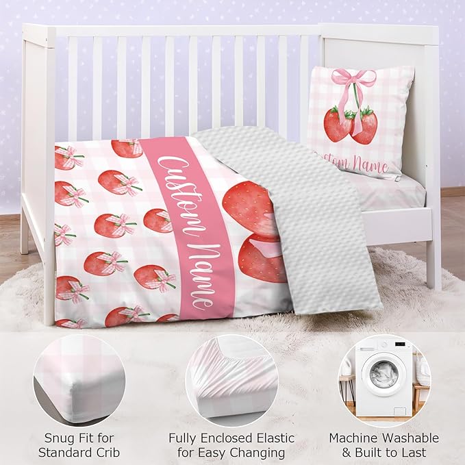 Personalized Baby Crib Bedding Set,3 Piece Custom Name Nursery Set with Blanket, Fitted Sheet & Pillowcase for Baby Girls & Boys, Strawberry Bow Theme(Fixed Size)