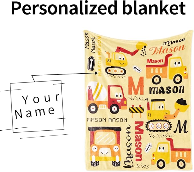 Custom Construction Blanket with Name for Boys Girls Kids, Personalized Name Blanket Construction Vehicles, Soft Flannel Blankets Customized Gift for Children Day Birthday Christmas-40 x50