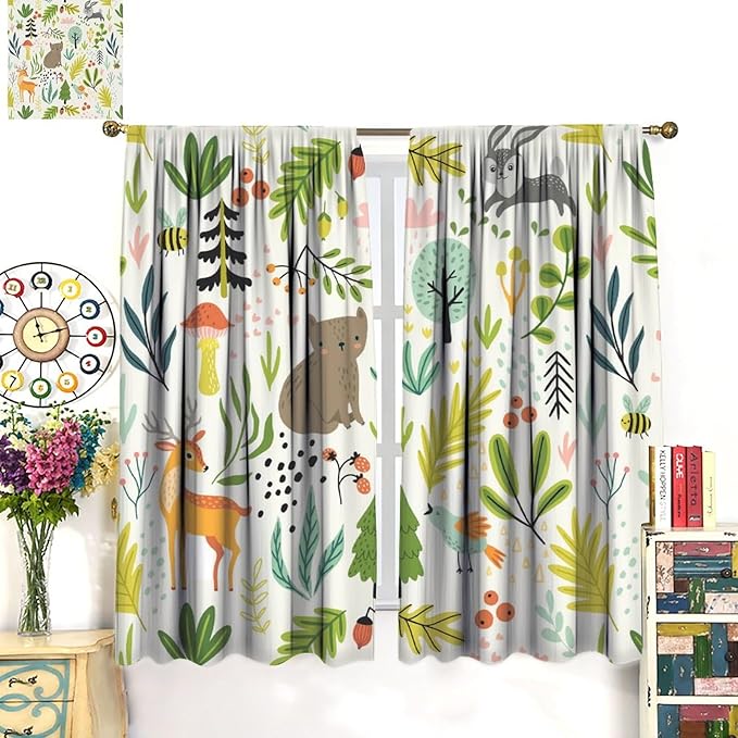 Kid Forest Animal Curtains,Woodland Animal Cartoon Watercolor Forest Hedgehog Fox Toddler Boys Girls Bedroom Living Room Window Drapes 52x84in