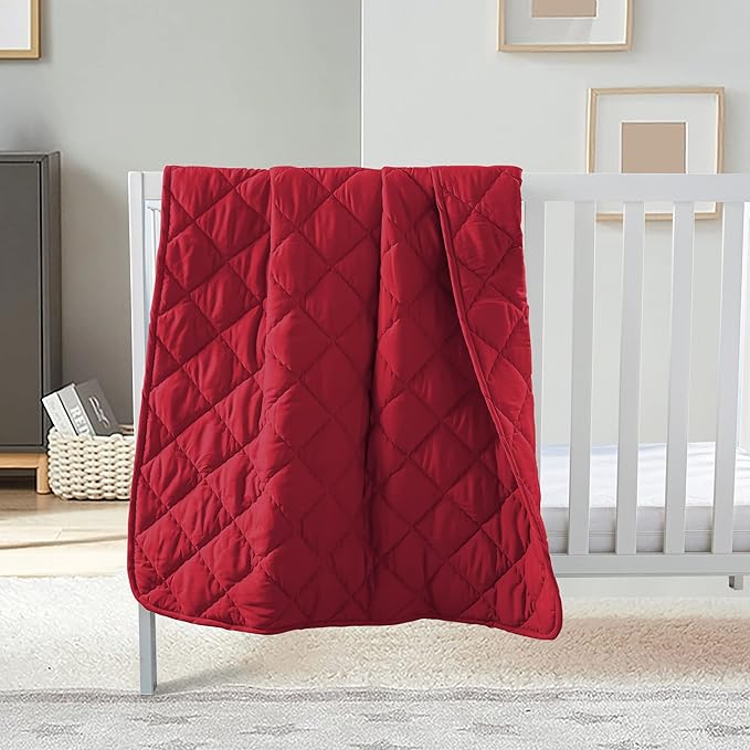 FLXXIE Machine Washable Microfiber Down Alternative Toddler Comforter, Super Soft and Lightweight Kids Crib Quilted Blanket for Stroller, Travel, 39x47 Inches, Red