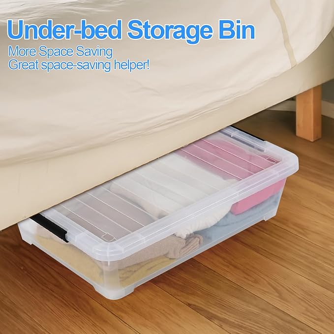 42 L 4 Packs Plastic Under Bed Storage Container with Lids, Clear Underbed Storage Bin with Wheels