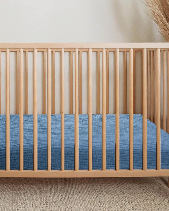 Crib Sheets for Boys Girl, Fitted Baby Toddler Bed Sheets 28" x 52", Neutral Muslin Cotton Crib Mattress Bedding Soft and Breathable Comfort (Blue)