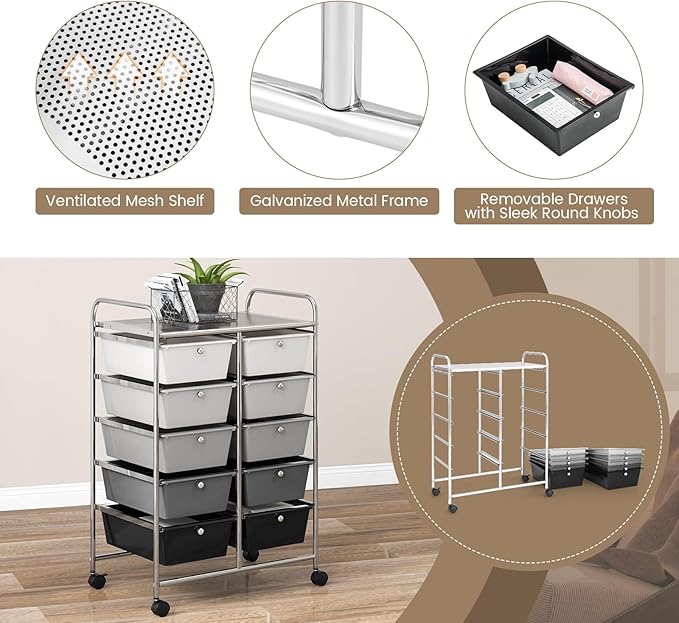 RELAX4LIFE Rolling Storage Cart with 10 Drawers - Craft Storage Cart with Lockable Wheels,Utility Cart, Art Cart Organizer for Crafting Storage, Office, School Rolling Drawer Cart (Gradient Black)