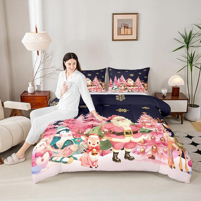 jejeloiu Merry Christmas Comforter Set Twin Size Santa Claus Bedding Set for Kids Boys Girls Cute Deer Duvet Quilt Dark Blue Bedroom Decor