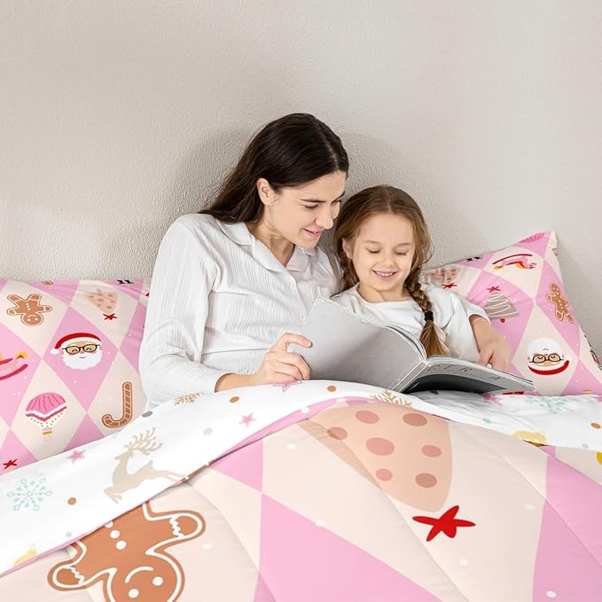 Feelyou Pink Christmas Kids Comforter Set Full Size Santa Claus Bedding Set Xmas Tree Nutcracker Soldier Duvet Quilt for Kids Boys Girls Bedroom Gingerbread Man Decor Microfiber Ultra Soft Breathable