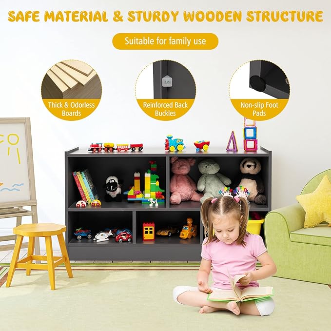 Costzon Toy Storage Organizer for Kids, 5-Section School Classroom Storage for Organizing Books Toys, Wooden Kids Bookshelf Daycare Furniture for Preschool, Playroom, Nursery, Kindergarten (Dark Gray)