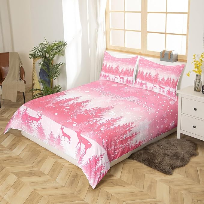 Manfei Pink Glitter Duvet Cover Set King Size, Xmas Trees Deers Snowflakes Print Bedding Set 3pcs for Kids Girls Teens Bedroom Decor, Christmas Theme Comforter Cover with 2 Pillowcases,No Comforter