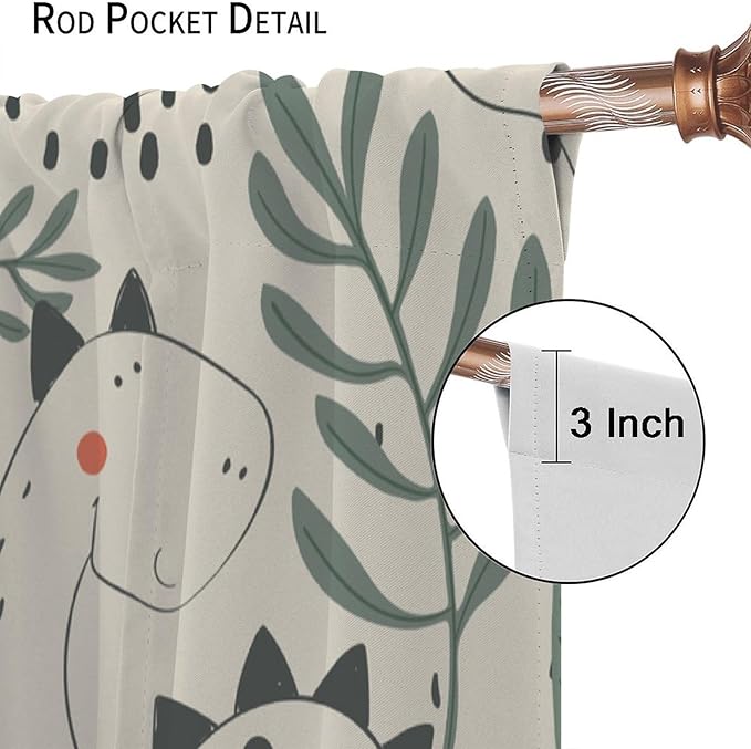 Funny Dinosaur Curtains, Jungle Cute Cartoon Animals Tropical Leaves Plant Beige Green Print Blackout Window Treatments for Kids Boys Girls Bedroom Living Room 42x45 Inch