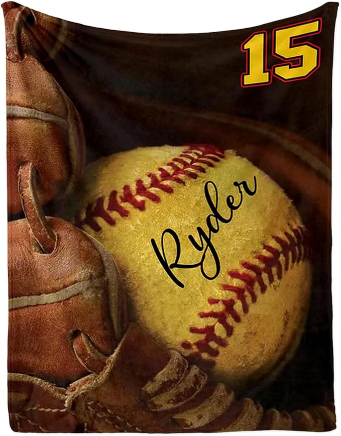 Custom Baby Softball Blanket with Name Number: Personalized Fluffy and Warm Gift for Baby Toddler Kids and Adults Birthday Skin-Friendly Flannel Fabric(30"x40")