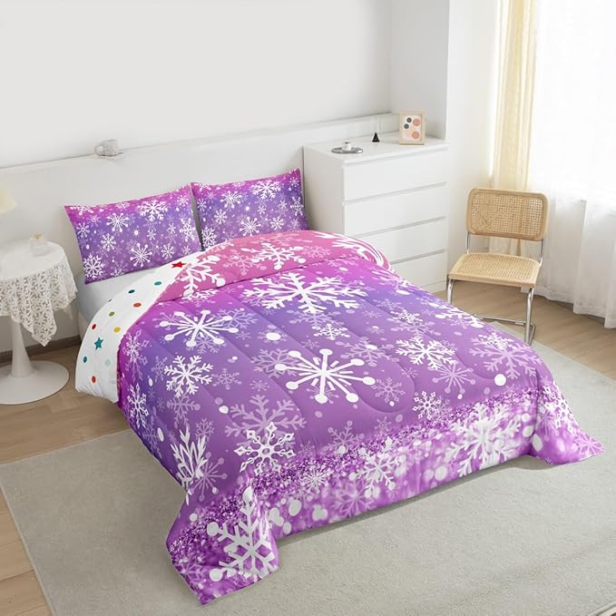 Feelyou Christmas Comforter Set All Season Pink Purple Bedding Set with 2 Pillow Cases Winter Snowflake Microfiber Kids Full Bedclothes New Year Holiday Bedroom Decor Duvet Quilt Soft Lightweight