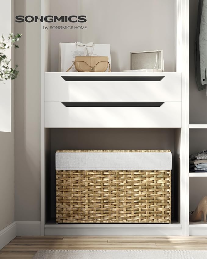 SONGMICS Storage Basket with Lid, 27.7 Gallon (105L) Storage Bin, Woven Blanket Storage Basket with Handles, Foldable, Removable Liner, Metal Frame, for Bedroom, Laundry Room, Natural URST066N01