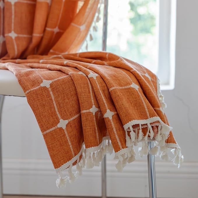 Deeprove Boho Curtains 63 Inches Long for Bedroom Living Room, Cotton Linen Plaids Textured Semi Blackout Bohemian Farmhouse Fall Window Treatment Grids Drape Tassels, 1 Panel W52 x 63, Burnt Orange