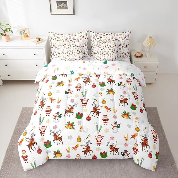 Christmas Kids Bed Set Cute Snowman Santa Claus Bed in a Bag Boys Girls Cute Reindeer Comforter Set with Sheets Christmas Bells Cartoon Design Bedding Set Bedroom Collection Full Size