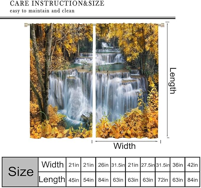 Waterfall Blackout Curtain, Autumn Season Trees Leaves Natural Landscape Window Drapes, for Bedroom Living Room 52" W X 84" L
