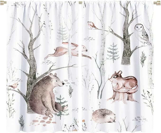 Watercolor Woodland Animal Curtains, Wildlife Bear Farmhouse Lodge Cabin Squirrel Owl Hedgehog Fox Blackout Rod Pocket Windows Door Curtain for Bedroom Living Room Home Decor 72x63in