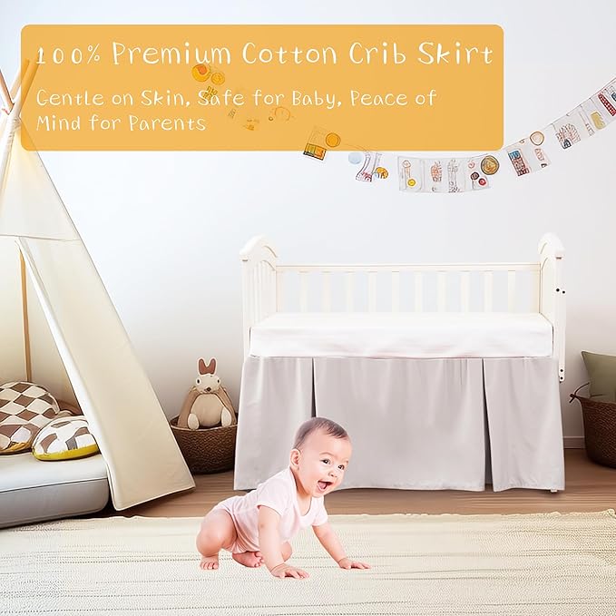 Crib Bed Skirt Dust Ruffle 100% Cotton - Natural, Soft, Breathable for Baby's Delicate Skin, Nursery Toddler Crib Bed Skirt for Baby Boys Girls, Fits Standard Cribs 28" x 52" with 14" Drop