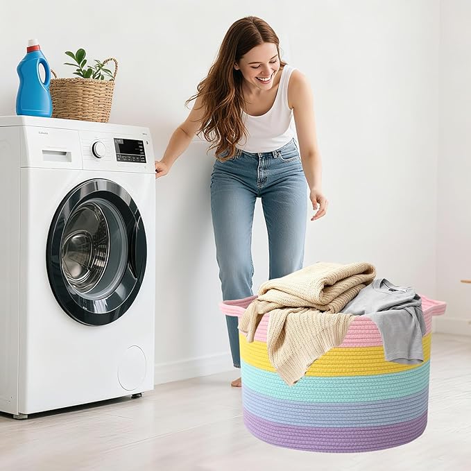 Large Blanket Basket for Organizing,65L Closet Organizers and Storage Bins Box for Shelves Woven Rope Storage Baskets,Living Room,Bedroom,Dorm,Laundry room (Colorful)