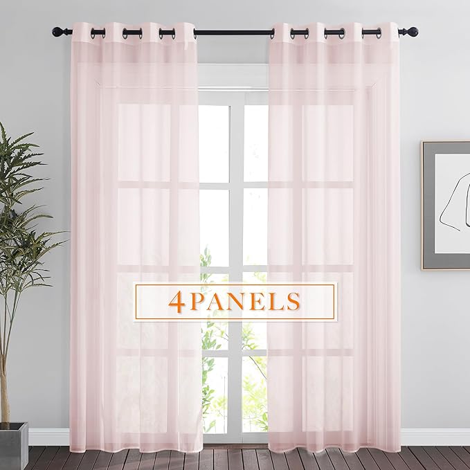 RYB HOME Light Filtering Curtains 90 Inches Long, Grommet Top Voile Airy Light Filtering Drapes Sheer Window Curtains for Living Room Kitchen Bedroom, Peach Blush, 54" W x 90" L, 4 Pieces
