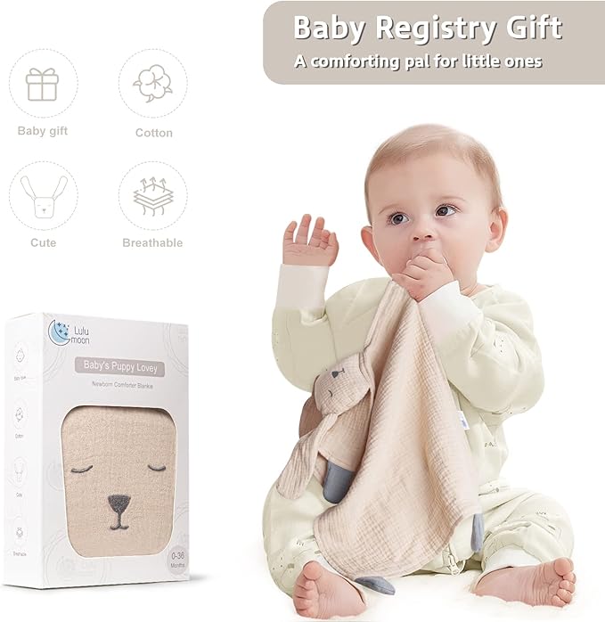 Lulu moon Puppy Security Blanket: Skin-Friendly Muslin Lovey for Travel & Daycare - Snuggle Lovie for Self-Soothe