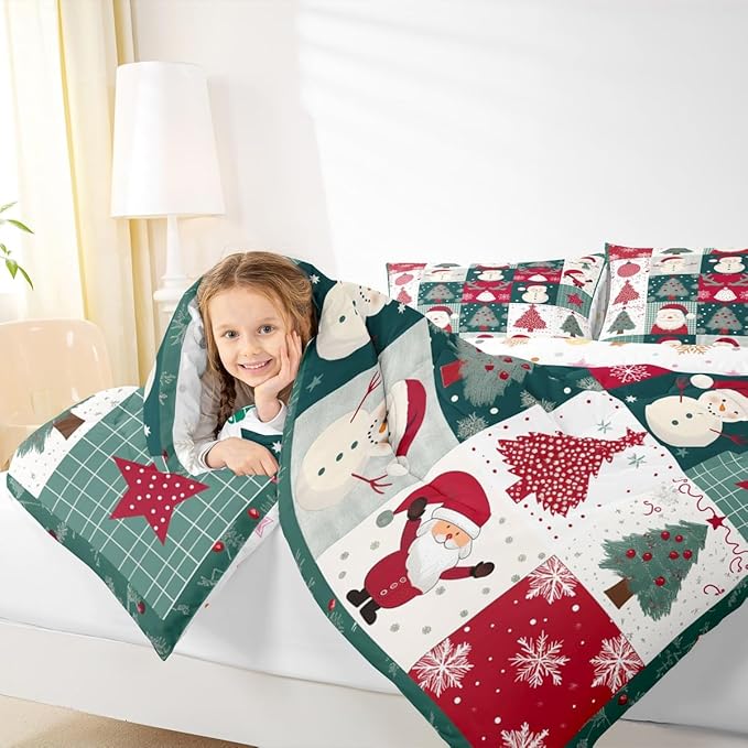 Feelyou Merry Christmas Comforter Set All Season Xmas Tree Snowman Bedding Set with 2 Pillow Cases Santa Claus Microfiber Kids King Bedclothes Patchwork Bedroom Decor Duvet Quilt Breathable Soft