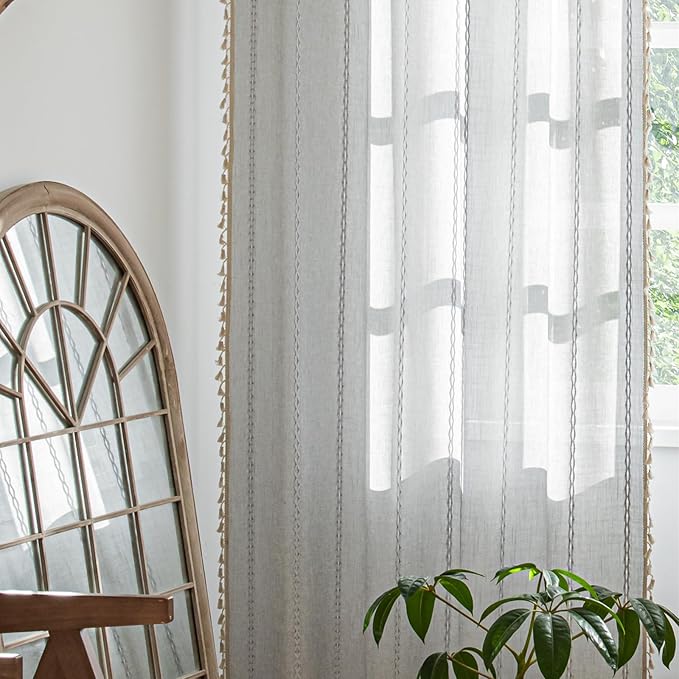 Deeprove Grey Boho Curtains 84 inches Length for Bedroom Living Room, Silver Gray Bohemian 84 inches Long Embroidery Farmhouse Light Filter Privacy Style Tassel Window Treatments, W52 x L84, 1 Panel