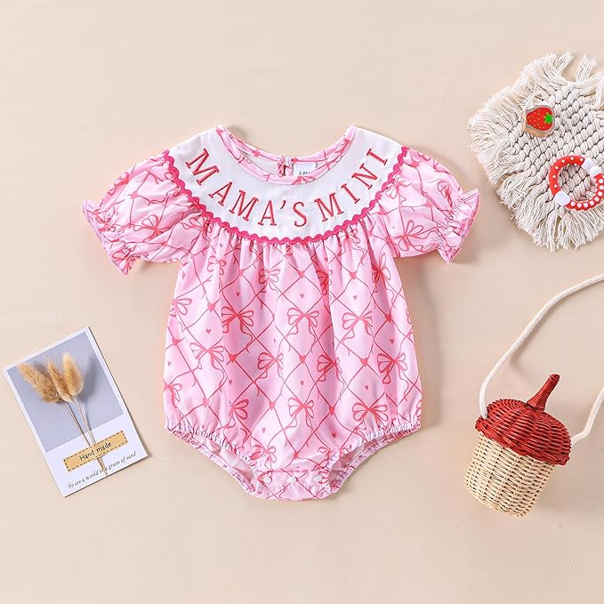 Newborn Baby Girl Romper Mamas Mini Bow Plaid Print Puff Sleeve Smocked Bubble Romper Jumpsuit Bodysuit Clothes