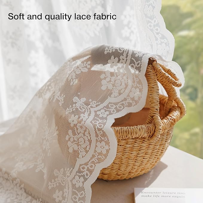Anmao Vintage Lace Valance Kitchen Curtains 24 Inches Long 2 Panels, Semi Sheer Floral Over Sink Lacy Cafe Curtain, Elegant Window Short Small Drapes, 55W x 24L, White Plum