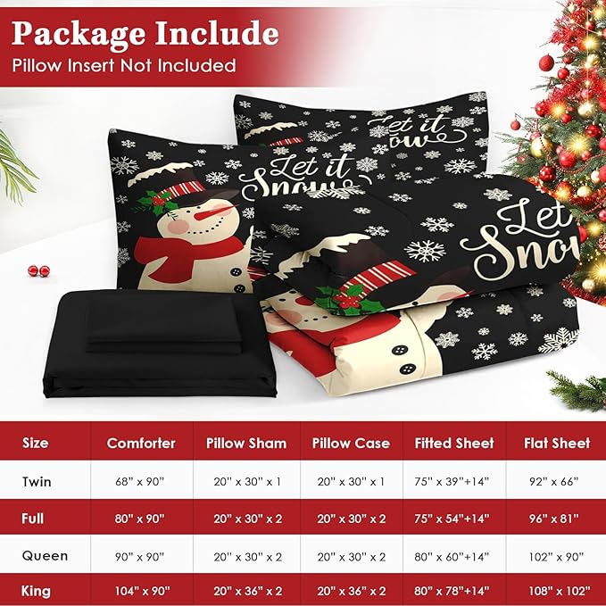 7 Pcs Queen Size Christmas Comforter Set with 2 Pillowcases & 2 Shams, Black Cartoon Snowman Bedding for Kids and Adults, Retro Snow Scene Bed in a Bag with Flat Fitted Sheet