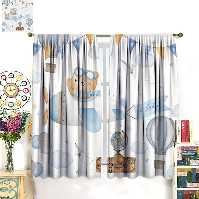 Blue Bear Curtains, Cute Lovely Bear Adventure Airplane Cloud Pastel Blackout Window Treatments, Rod Pocket Thermal Insulated Drapes 2 Panel Sets for Kids Bedroom Nursery Classroom, 42"W X 45"L