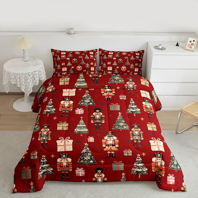 jejeloiu Xmas Nutcracker Comforter Set Full Size Christmas Red Bedding Set for Kids Boys Girls Cute Snowflakes Duvet Quilt Bedroom Decor
