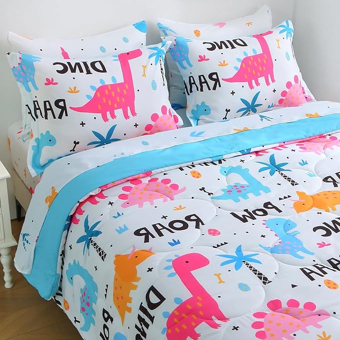 Wajade 7 Piece Kid Girls Dinosaur Comforter Set Queen Size 3D Pink Dinosaur Wild Park Jungle Print Bedding Set with Comforter, Sheet Set, Pillowcase and Sham
