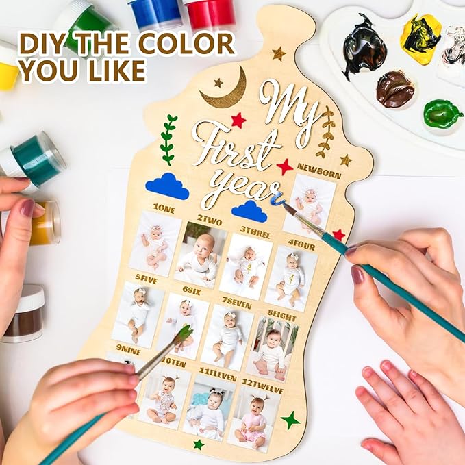 My First Year Photo Board, 2-Pack Wooden Milk Bottle Shape Baby Milestone Frame with 2 Nails Each, 17.3x9.4 Inch