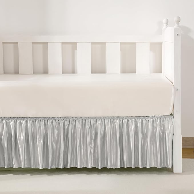 Light Grey Satin Crib Bed Skirt, 52" x 28" with 14" Drop Silky Soft Baby Crib Skirt for Baby Girls or Boys, Fit for Standard Crib & Toddler Bedding