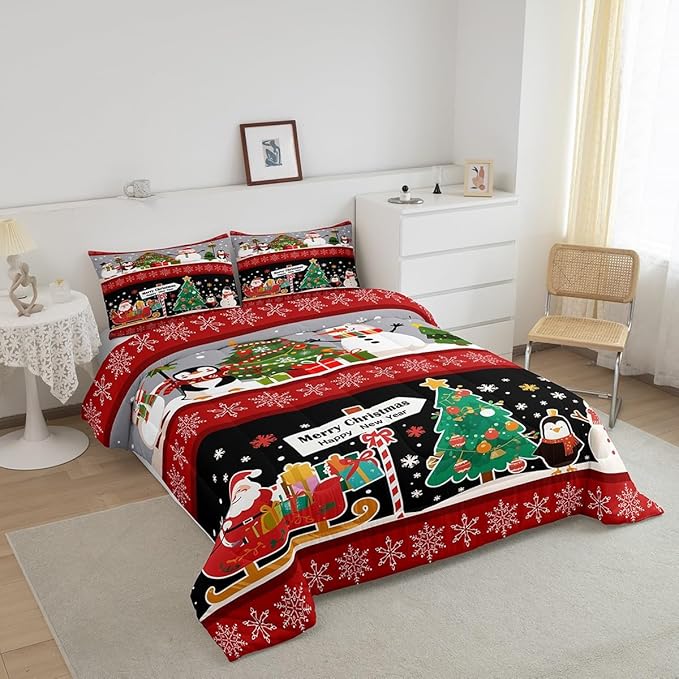 Erosebridal Christmas Tree Decor Quilts Cartoon Snowman Comforter Set for Teens Kids Boys Xmas Deer Elk Santa Claus Bedding Set for New Year Snowflake Red and Black Duvet Insert Toddler Size