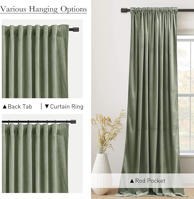 StangH Sage Green Velvet Curtains 84 inches 2 Panels - Thermal Insulated Light Blocking Privacy Drapes for Bedroom/Living Room/Dining Room/Home Office, W52 x L84