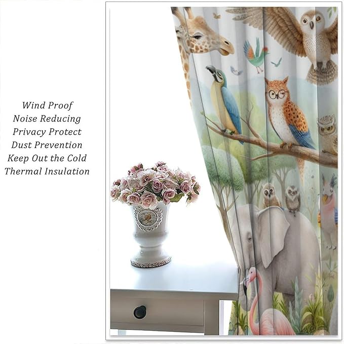 Kids Animals Curtain Cartoon Western Wildlife Flamingo Elephant Giraffe Window Treatment for Baby Children Bedroom Living Room 42" W X 45" L