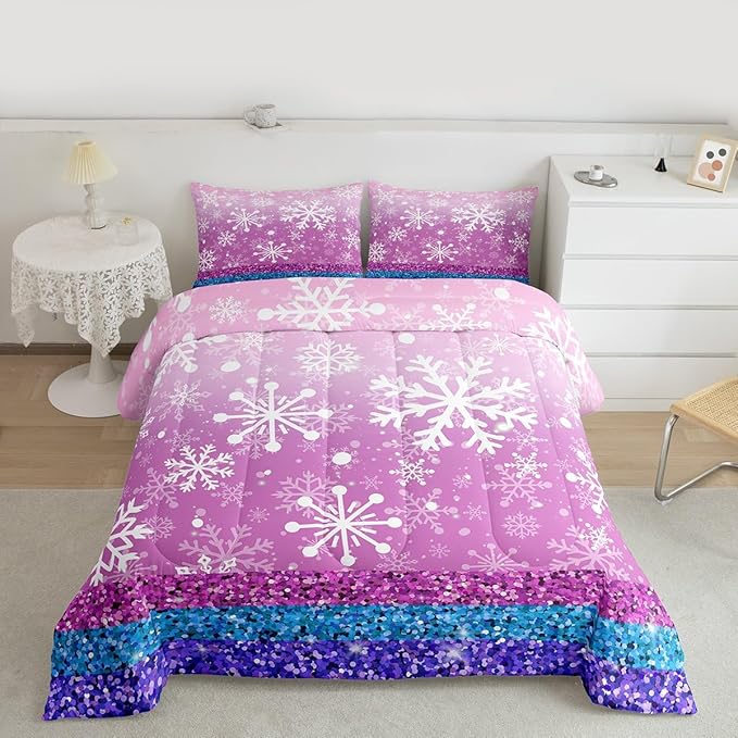Feelyou Pink Snowflake Comforter Set King Size Winter Snowflake Bedding Set for Kids Boys Girls Christmas Duvet Quilt Glitter Print Bedroom Decor Microfiber 3 Pcs with 2 Pillow Cases