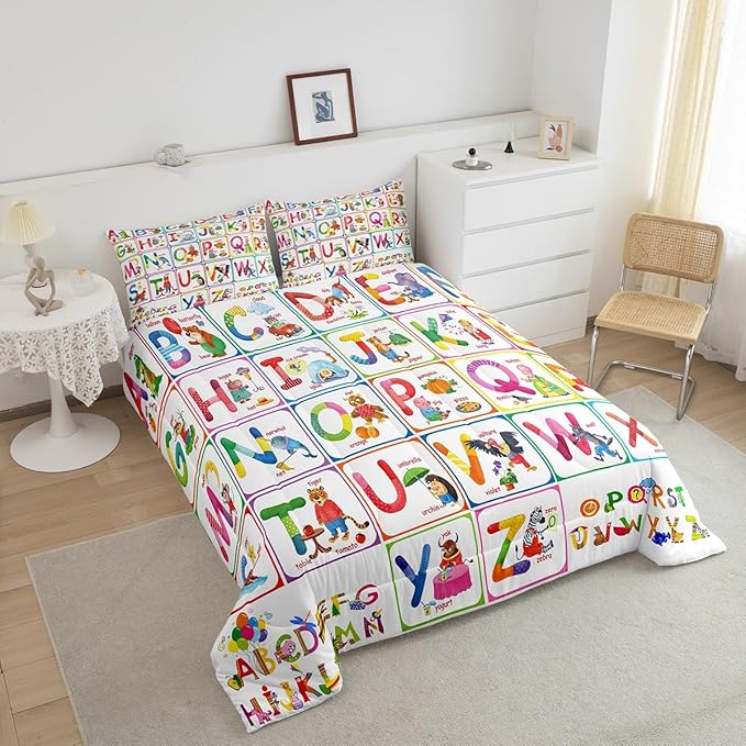 Feelyou ABC Alphabet Bedding Set Twin, Cartoon Zoo Animal Comforter Educational Learning Comforter Set for Kids Boys Girls Colorful Alphabet Duvet Set with 1 Pillow Case