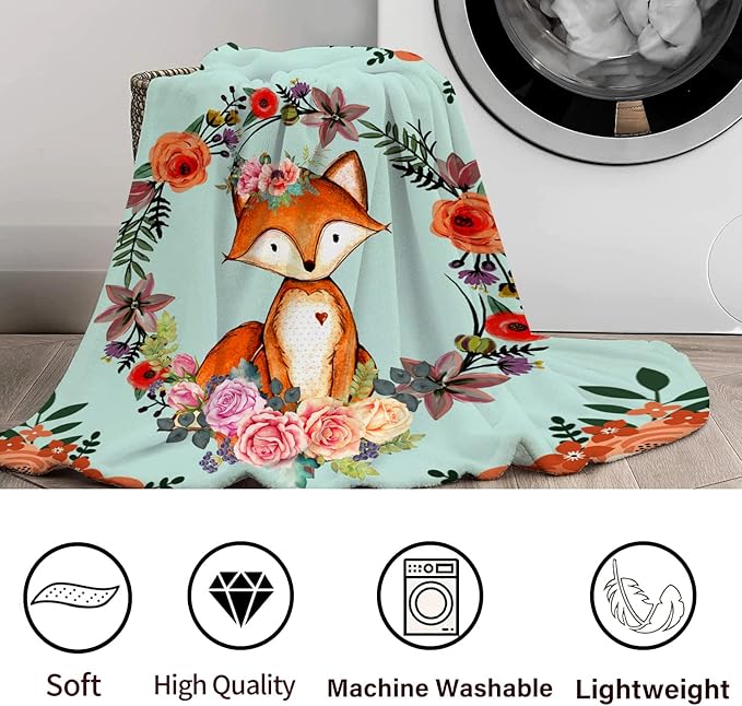 Fox Blanket Flower Fox Print Throw Blanket Ultra Soft Flannel Blankets Gifts for Kids Adults 60"x50"