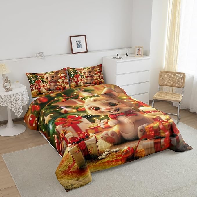 Cartoon Rabbit Bedding Set Full Size,Merry Christmas Comforter Set for Kids Boys Girls Room Decor,Christmas Tree Star Snowflake Duvet Insert 3Pcs,Cute Animal Xmas Fashion Quilt Set,2 Pillowcases