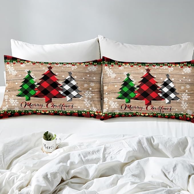 Manfei Plaid Tree Duvet Cover Set Full Size, Wooden Stripe Print Bedding Set 3pcs for Kids Boys Girls Bedroom Decor, Christmas Theme New Year Comforter Cover with 2 Pillowcases,No Comforter