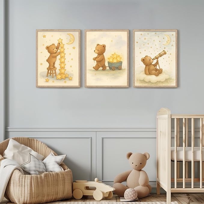 3Pcs Bear Nursery Wall Art Cute Teddy Bear with Stars and Moon Poster Animals Playing with Stars and Telescope Neutral Baby Room Decor Dreamy Prints for Kids and Babies Bedroom 12x16in Unframed