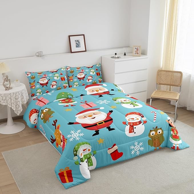 Erosebridal Merry Christmas Comforter Set Cartoon Santa Claus Quilts Toddler Size Holiday Snowman Deer Elk Bedding Set Xmas Decor for Kids Boys Teens Cute Owl Animal Down Comforter,Blue