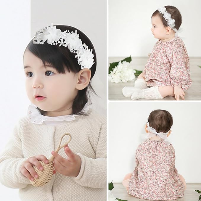 2 Pack 18-20in Elegant White Flower Christening Headbands for Baby Girl, Elastic Soft Lace with Cute Tulle Pearl Hair Strap (Double row of small lace)