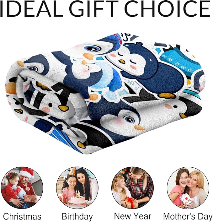 Personalized Penguin Gifts for Kids - 30" x 40" Inches Cute Penguin Throw Blankets for Girls - Blue Soft Furry Blankets for Sofa, Lap & Office