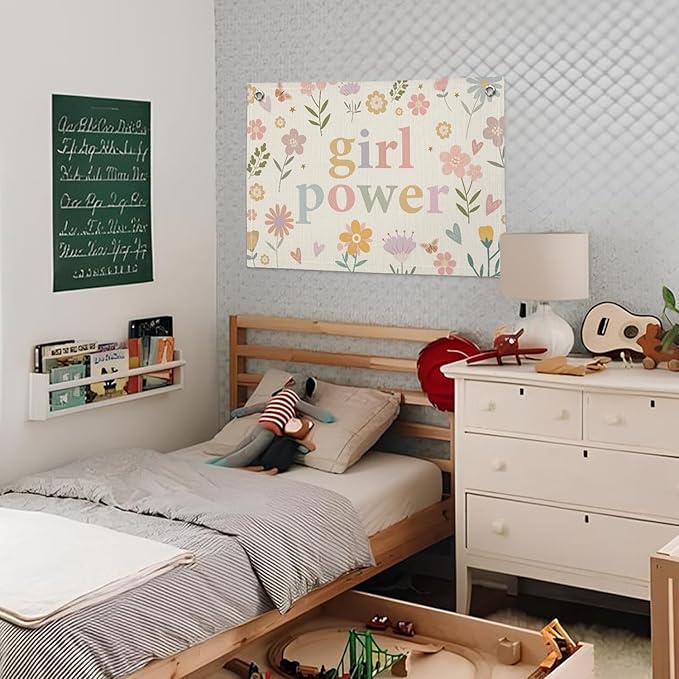 Girl Power Flower Wall Hanging Banner - Linen Flag Decor for Little Girl's Room, Baby Girl, Toddler Room Wall Decor