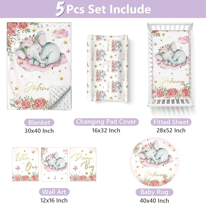 Personalized Baby Crib Bedding Set, 5 Pcs Custom Name Nursery Bedding Set for Girls Boys, Pink Elephant Baby Crib Set for Toddlers Infants, Double Layer Bedding Crib Sets Customized Gifts